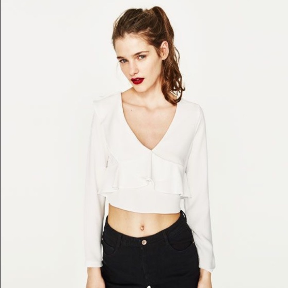 Zara White Ruffled Crop Blouse